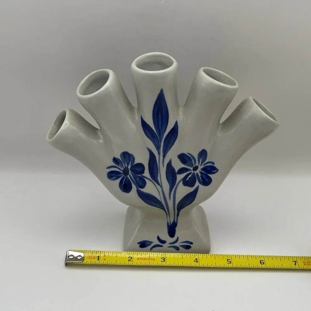 Ceramic 5 Finger Vase Blue Floral Hand Painted Gray Williamsburg Folk Art Frog